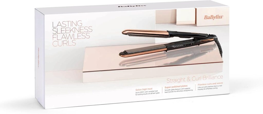 BaByliss Straight and Curl Brilliance Hair Straightener and Curler, curved metal design, Up to 235C True-Titanium plates