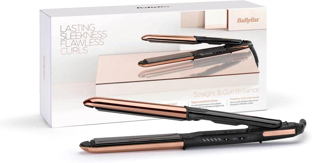 BaByliss Straight and Curl Brilliance Hair Straightener and Curler, curved metal design, Up to 235C True-Titanium plates