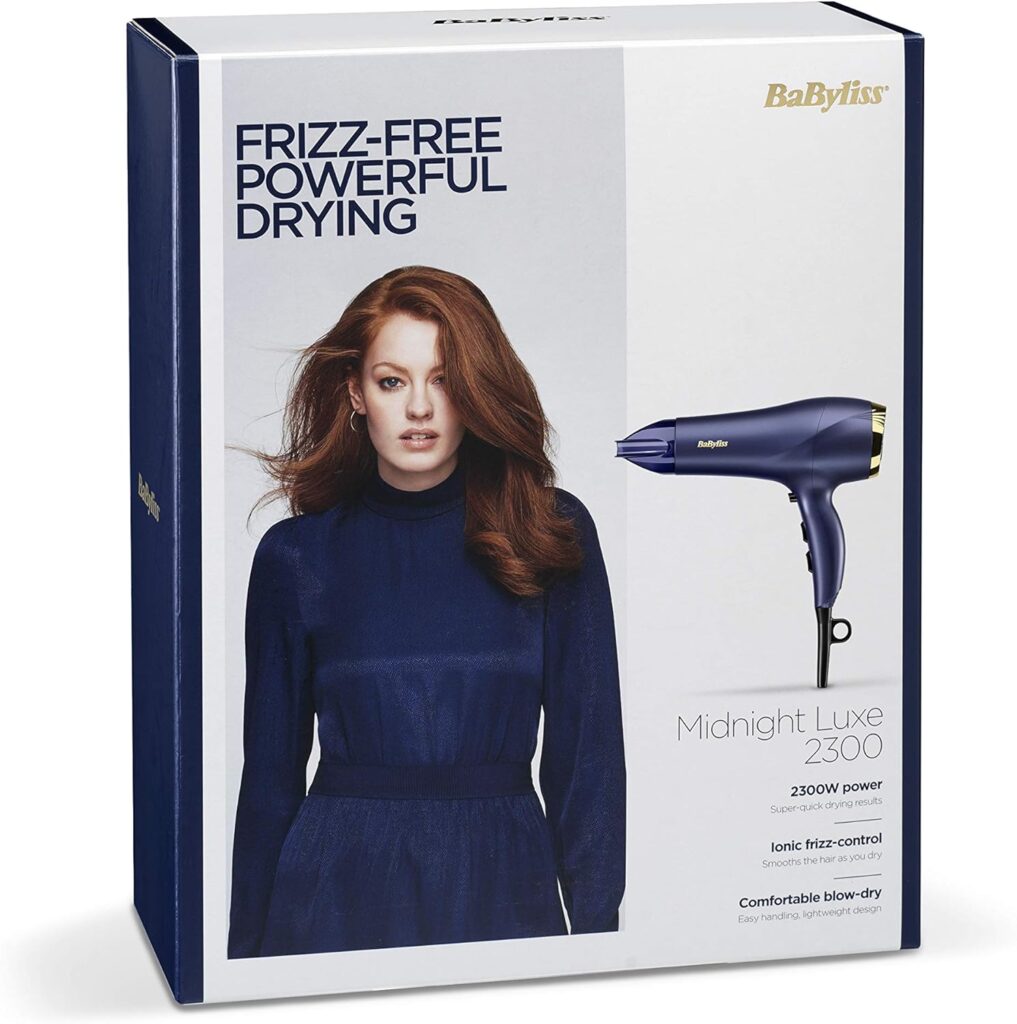 BaByliss Midnight Luxe 2300W Hair Dryer, Ionic Frizz-control, Fast Drying, Professional and Lightweight, 3 heat  2 speed settings, 5781U